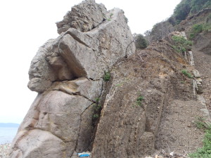 泥板岩より硬い砂岩が風化に耐え、むき出されている。